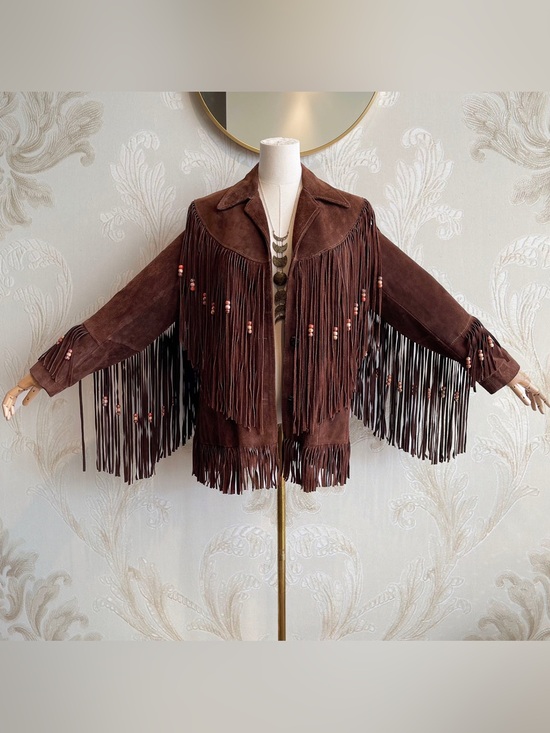 Jackets & Blazers - Vintage Western Beaded Long Fringed Suede Jacket - Brown
